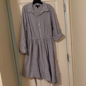 Lane Bryant Blue and White Asymmetrical Striped Shirt Dress